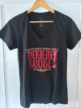 Black V-Neck Tee with Red and Gold Moulin Rouge Graphic
